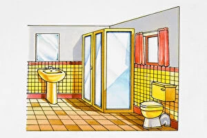 Bathroom with shower and red and yellow tiles