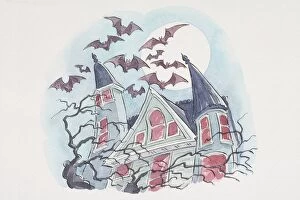 Bats flying against full moon over gothic house
