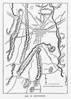 Historcal Battle Maps and Plans Collection: Battle of Gettysburg Map, July 3, 1863 Civil War Engraving