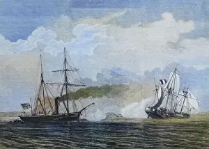 Battle of Havana between the German gunboat Meteor and the French Aviso Bouvet, illustrated war history, German, French war 1870-1871, Germany, France, Battle of Havana between the German gunboat Meteor and the French Aviso Bouvet, illustrated war