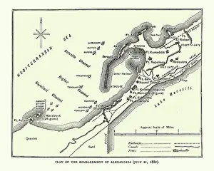 Prints of Vintage illustration Battle plan of Bombardment of Alexandria in Egypt by the British Mediterranean Fleet took place on 11-13 July 1882, 19th Century Historcal Battle Maps And Plan Prints: Battle plan of Bombardment of Alexandria by the British warships