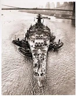 Tugboat Prints: Battleship Being Pulled into Yard