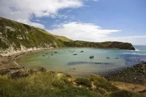 Picturesque Collection: bay, boats, day, dorset, england, europe, grassy, harbor, hills, inlet, landscape