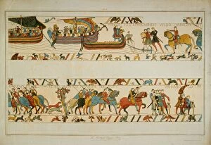 Bayeux Tapestry Gallery: Bayeux Tapestry Scene - future King Harold II lands at Ponthieu