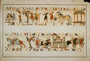 Bayeux Tapestry Prints: Bayeux Tapestry Scene - messengers inform William the Conqueror future King Harold II has been taken prisoner