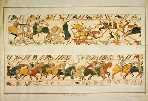 Bayeux Tapestry Scene - William the Conquerors half-brother Bishop Odo of Bayeux encourages his squires