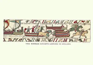 Bayeux Tapestry Prints: Bayeux Tapestry showing Norman knights landing in England, 1066
