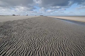 Beach of Sankt Peter-Ording in the morning sun during low tide with stilt houses on the horizon at back, North Sea beach, Schleswig-Holstein, Germany, Europe