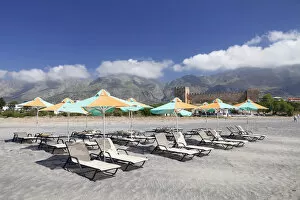 Images Dated 26th April 2014: Beach with sun beds, the Venetian castle at the back, Frangokastello, Crete, Greece