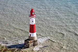 Prints of Beachy Head Lighthouse seen from above at the South Downs, East Sussex on the English Channel UK Travel Destinations Prints: Beachy Head lighthouse