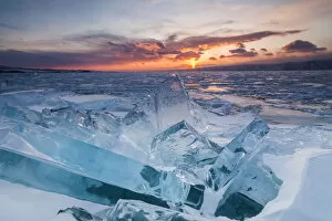 Beautiful ice on Lake Baikal at sunset