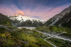 Mt Cook New Zealand Prints: Beautiful landscape bridge over Hooker river in Aoraki national park in New Zealand