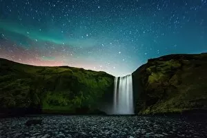 Aurora Borealis Collection: Beautiful Night at Skagafoss Waterfall