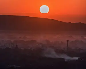 The beautiful scenery view of pagodas plains during the sunset in Bagan, Mandalay, Myanmar