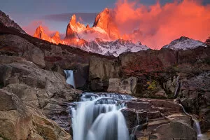 Images Dated 25th April 2018: Beautiful view with waterfall and Fitz Roy mountain. Patagonia, Argentina