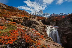 Beautiful waterfall and Mount Fitz Roy. Patagonia, Argentina
