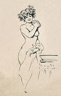 Belle Epoque Prints: Beautiful young woman washing wish sponge and water in a bowl