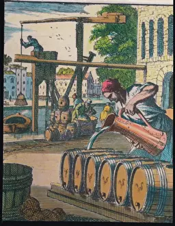 Town Scene Prints: Beer Brewer Pouring His Concoction into Kegs