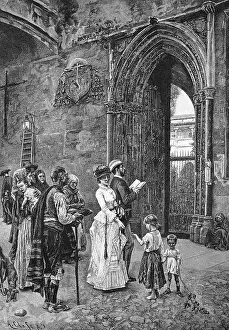 Affair Prints: Beggars in Toledo, Spain, beggars ask the rich cultural travellers for alms