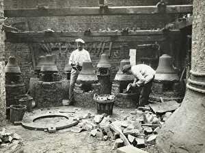 Prints of Craftsmen in France making bells, circa 1900. The man on the left is measuring the bell mold while the other sets the fire in one of the brick kilns Urban Echoes of America’s Golden Age: Bell Making