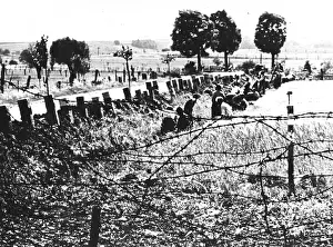 Prints of With the assistance of unidentified villagers, a group of Eastern border guards dig a trench near the barbed wire wall between East and West Germany, 1959 Berlin Wall (Antifascistischer Schutzwall) Prints: Berlin Barbed Wire Wall