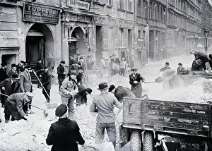 Raid Prints: Berliners Shoveling Debris After Bombing