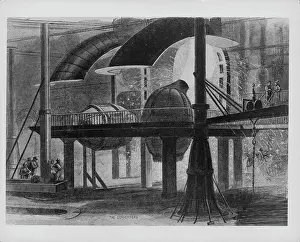 Prints of Engraving depicting the processes of metal manufacture; Bessemer Converters remove impurities from the iron by oxidation with air being blown through the molten iron inside the machinery Urban Echoes of America’s Golden Age: Bessemer Converters