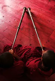 Images Dated 2nd September 2005: Bhutan, Jakar, two monks playing horns, elevated view