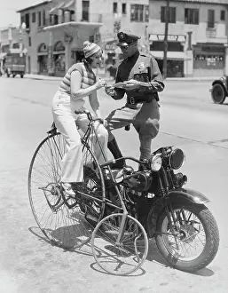 Bicyclist Prints: Bicyclist Receiving Ticket from Motorcycle Police Officer