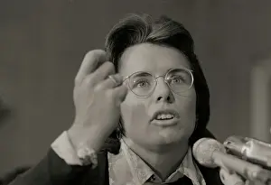 Billie Jean King Gesturing and Speaking at Microphones