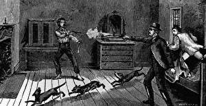 Billy the Kid is killed by sheriff Pat Garrett at Fort Sumner. Undated woodcut