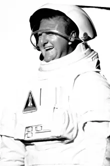 Prints of Legendary American award-winning professional NBA basketball player Larry Bird has a laugh while wearing an astronaut costume for a McDonald's television commercial on a sound stage in December 1993 Timeless Moments: A Visual Journey Through History’s Defining Images: Bird Jordan Television Commercial