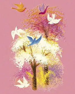 Birds Flying Around Pastel Trees