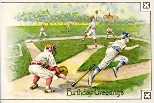 Prints of UNITED STATES - CIRCA 1900: A birthday card with a scene showing children playing baseball in a park, Color lithograph, 01/01/1900 (Photo by Transcendental Graphics/Getty Images) Transcendental Graphics Prints: Birthday Baseball