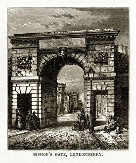 Images Dated 10th April 2018: Bishops Gate in Londonderry, Derry, Donegal, Northern Ireland, Victorian Engraving, 1840