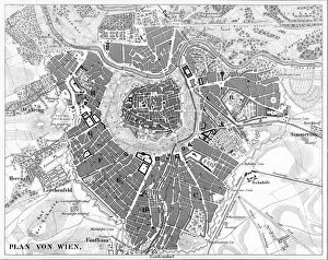 Urban Scene Gallery: A black-and-white aerial map of Vienna, Austria