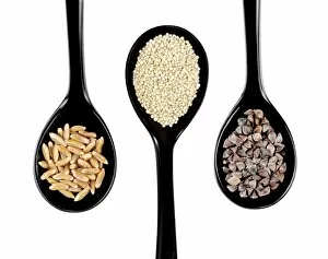 Black japanese style spoons with kamut wheat, quinoa, buckwheat