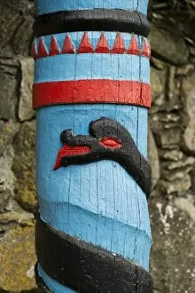 Black Midgard Serpent or World Serpent, carved wooden pillar, Kirkjubour, Streymoy, Faroe Islands, Denmark