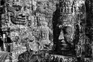 Bayon Prints: black and white buddha carving face of bayon temple the poppular temple
