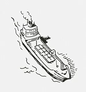 Images Dated 14th July 2009: Black and white digital illustration of cargo ship at sea