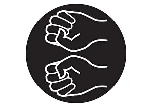 Black and white digital illustration of two clenched fists in black circle