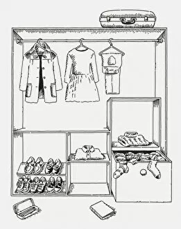 Images Dated 14th July 2009: Black and white digital illustration of clothing and shoes in wardrobe and suitcase on top