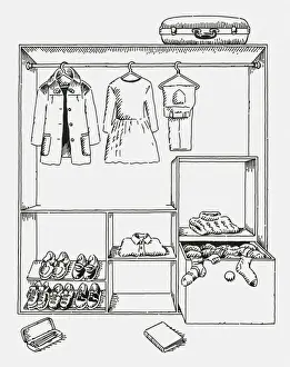 Neat Prints: Black and white digital illustration of clothing and shoes in wardrobe and suitcase on top