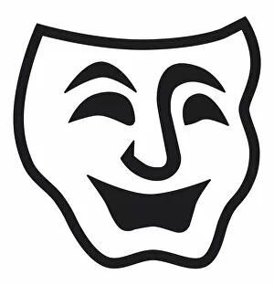 Black and white digital illustration of comedy mask