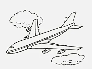 Black and white digital illustration of commercial aircraft above the clouds