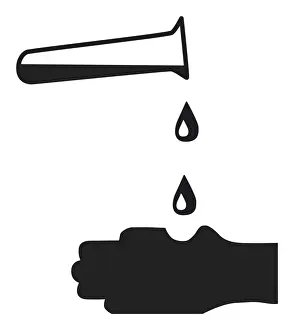 Test Tube Prints: Black and white digital illustration of corrosive liquid dripping onto hand and destroying skin