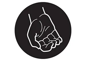 Hands Cupped Prints: Black and white digital illustration of cupped hand in black circle