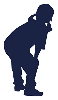 Black and white digital illustration of girl bending over with hand on knees