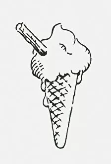 Food And Drink Gallery: Black and white digital illustration of melting ice cream cone with chocolate flake