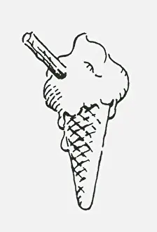 Freshness Prints: Black and white digital illustration of melting ice cream cone with chocolate flake